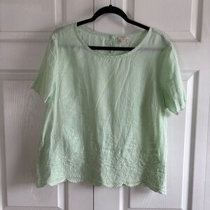 J.Crew Mint Green 100% Linen Embroidered Scallop Hem Blouse 12 Career Academia